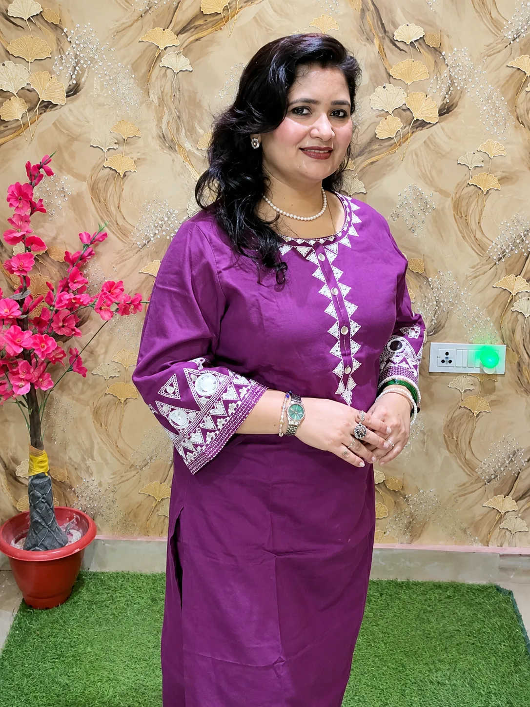 Women’s Purple Cotton Flex 2 Pc Kurta Pant Set with Embroidered Neckline, Sleeves & Bottom 