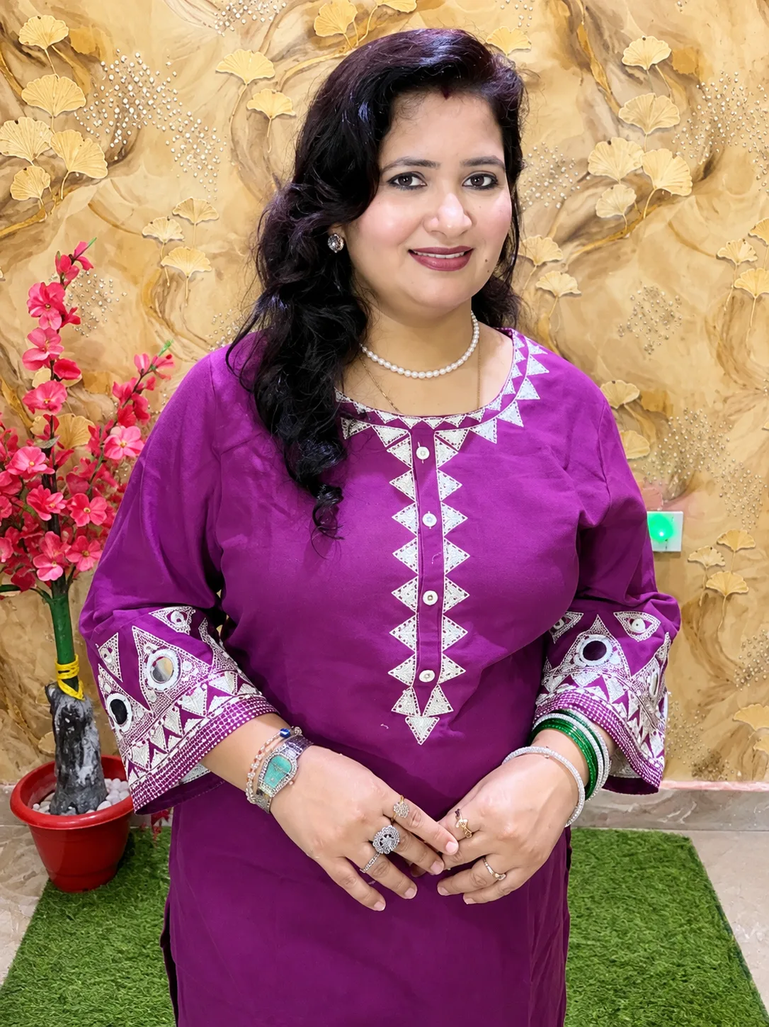 Women’s Purple Cotton Flex 2 Pc Kurta Pant Set with Embroidered Neckline, Sleeves & Bottom 