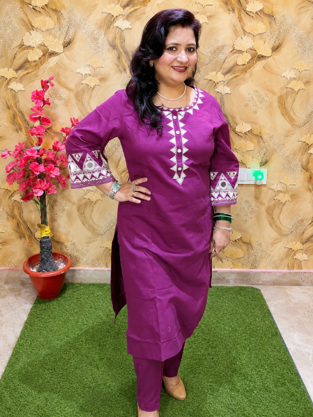 Women’s Purple Cotton Flex 2 Pc Kurta Pant Set with Embroidered Neckline, Sleeves & Bottom 