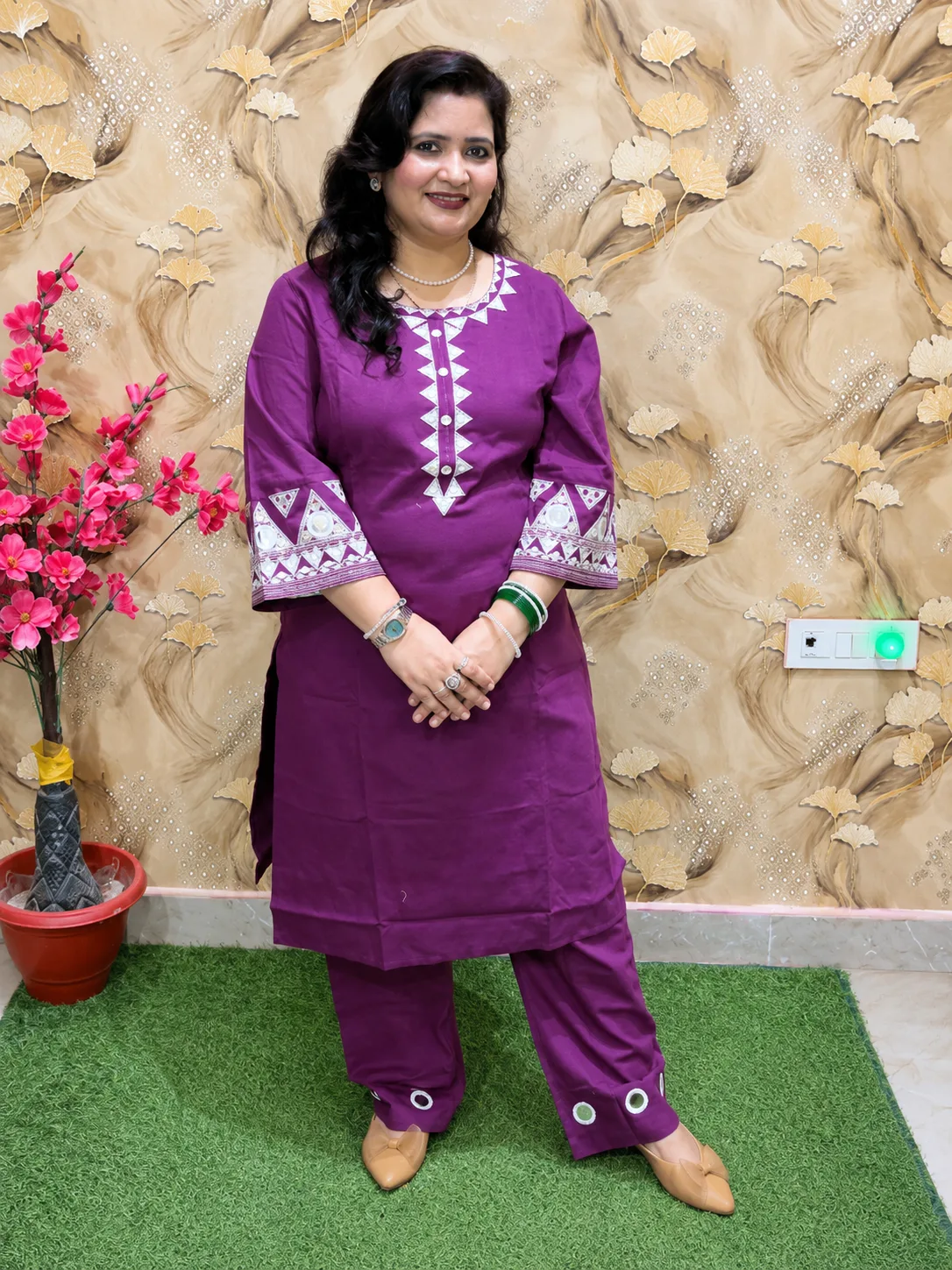 Women’s Purple Cotton Flex 2 Pc Kurta Pant Set with Embroidered Neckline, Sleeves & Bottom 