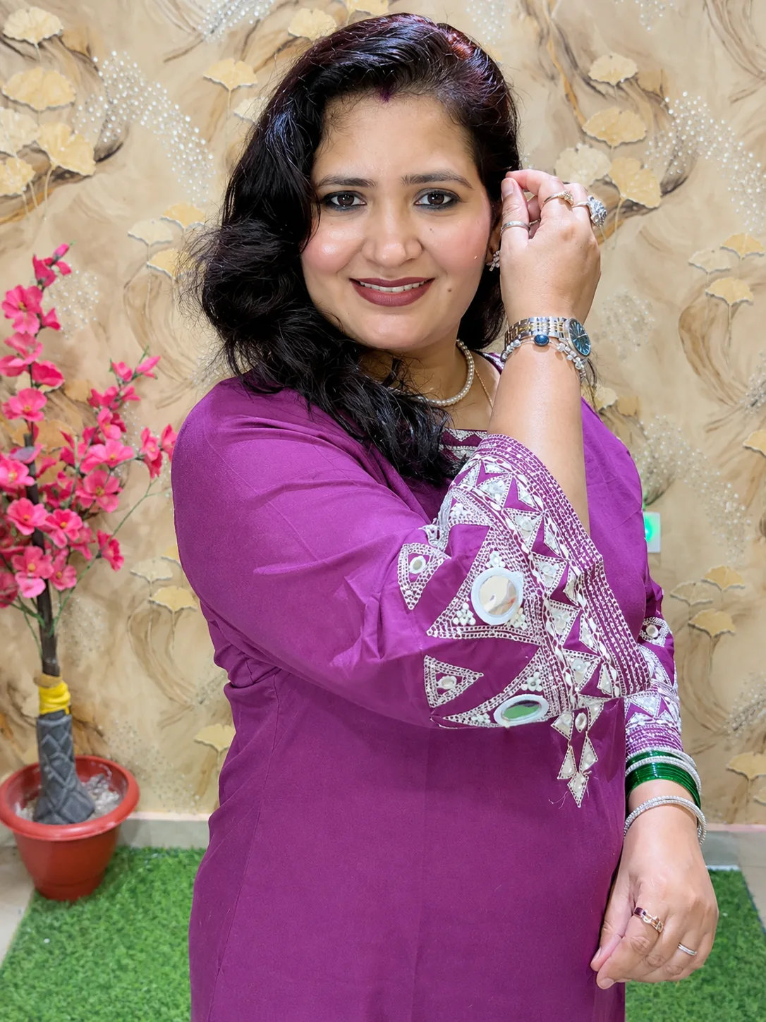 Women’s Purple Cotton Flex 2 Pc Kurta Pant Set with Embroidered Neckline, Sleeves & Bottom 
