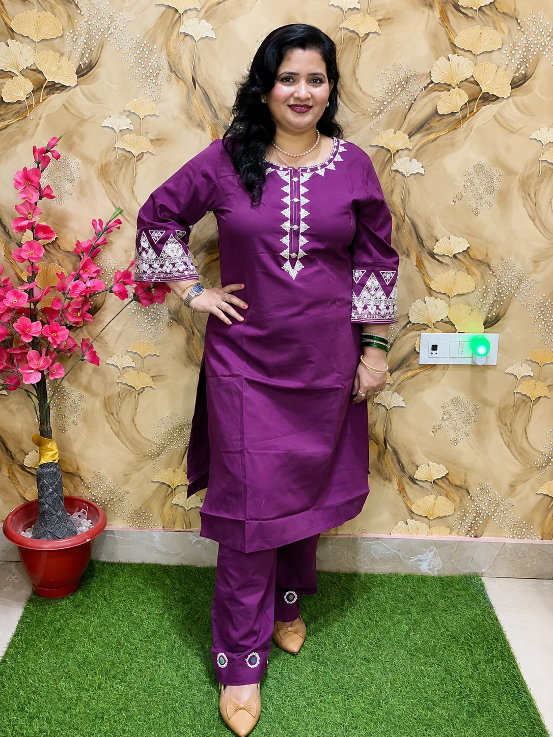 Women’s Purple Cotton Flex 2 Pc Kurta Pant Set with Embroidered Neckline, Sleeves & Bottom 