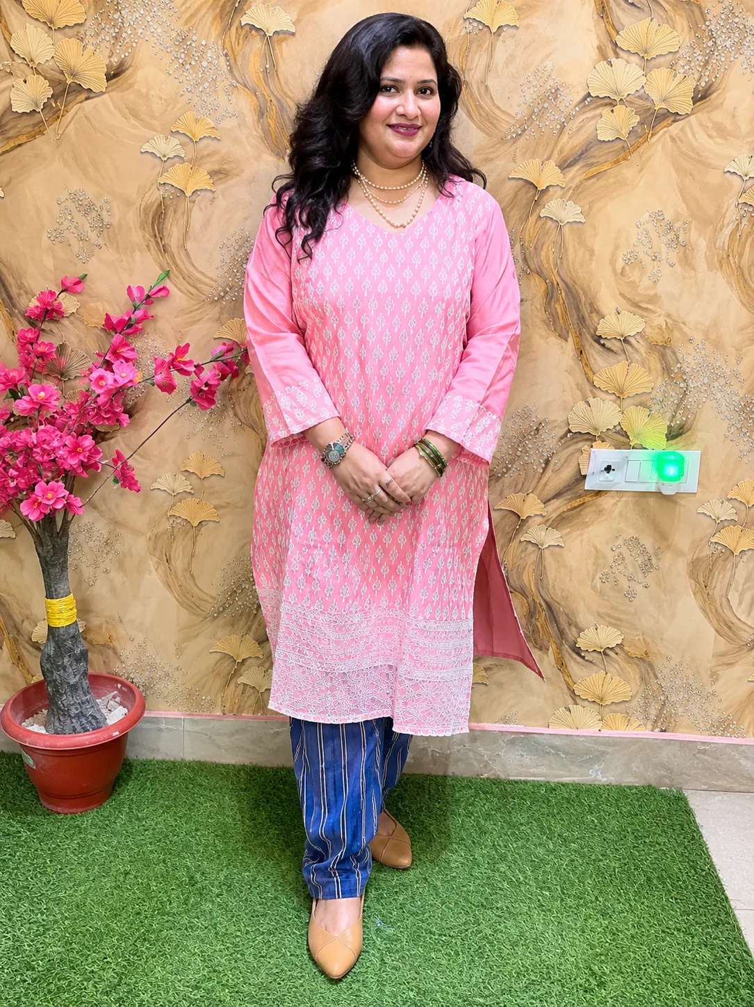 Women’s Pink Rayon Chikankari Kurti with Elegant Printed Design 
