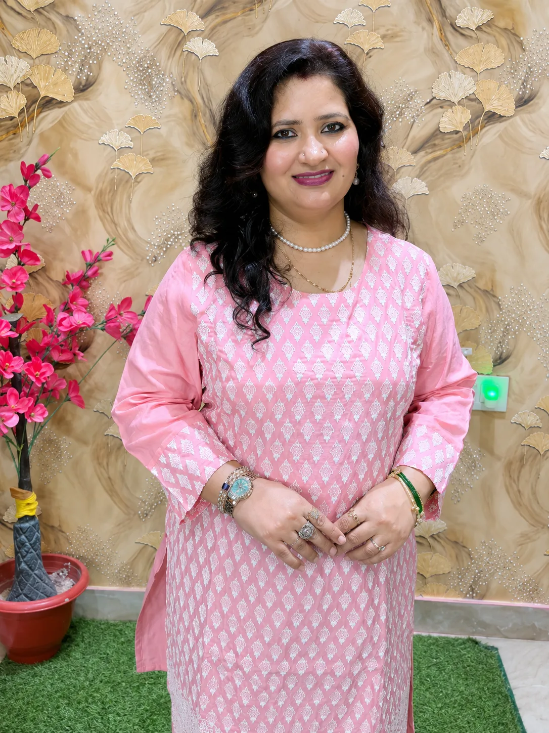 Women’s Pink Rayon Chikankari Kurti with Elegant Printed Design 