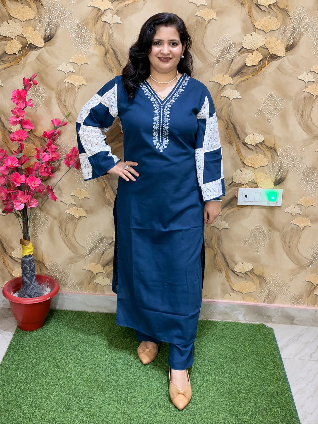 Women’s Cotton Flex 2-Piece Kurta Pant Set with Embroidered Neckline & Designer Sleeves