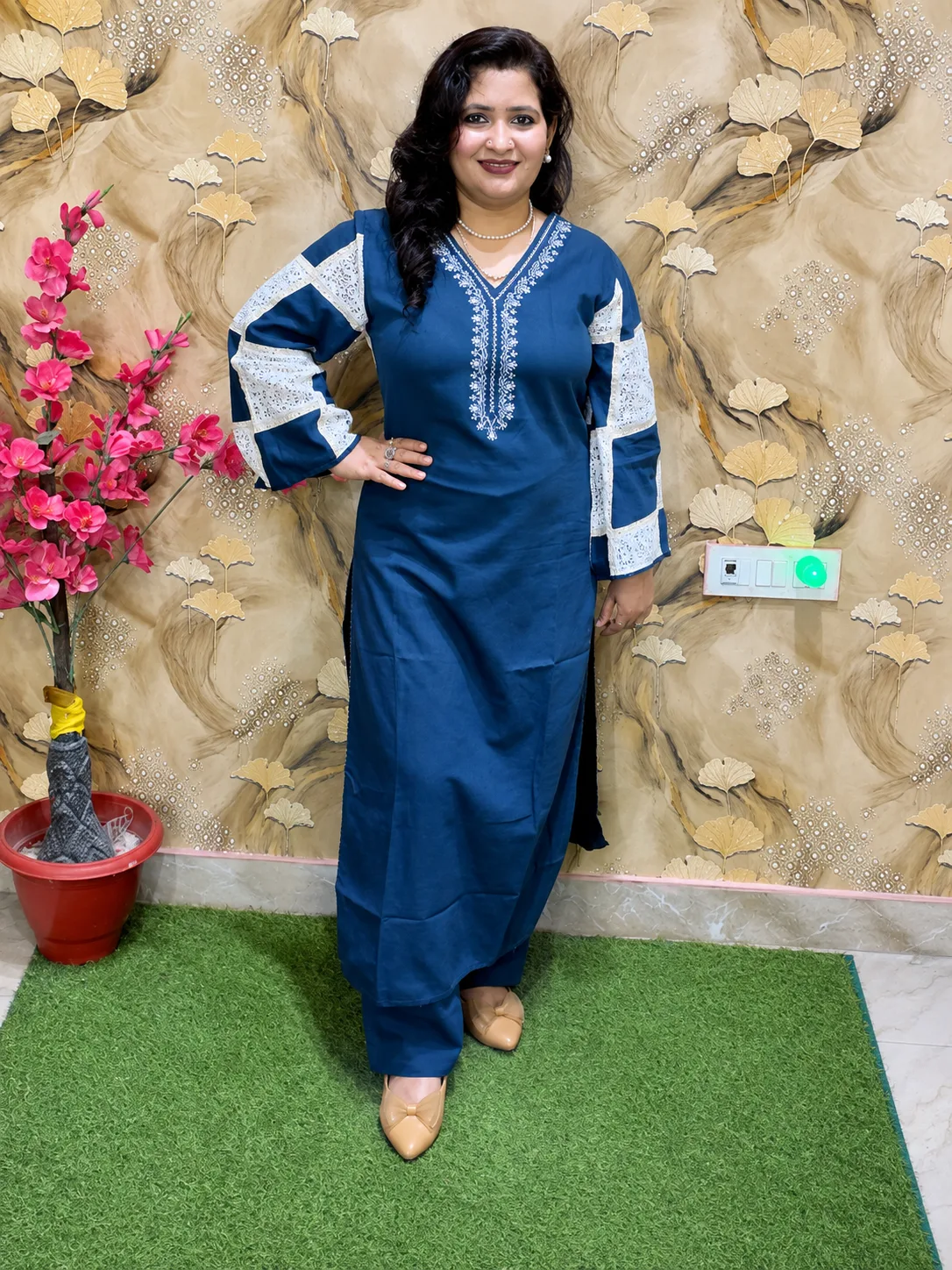 Women’s Cotton Flex 2-Piece Kurta Pant Set with Embroidered Neckline & Designer Sleeves 