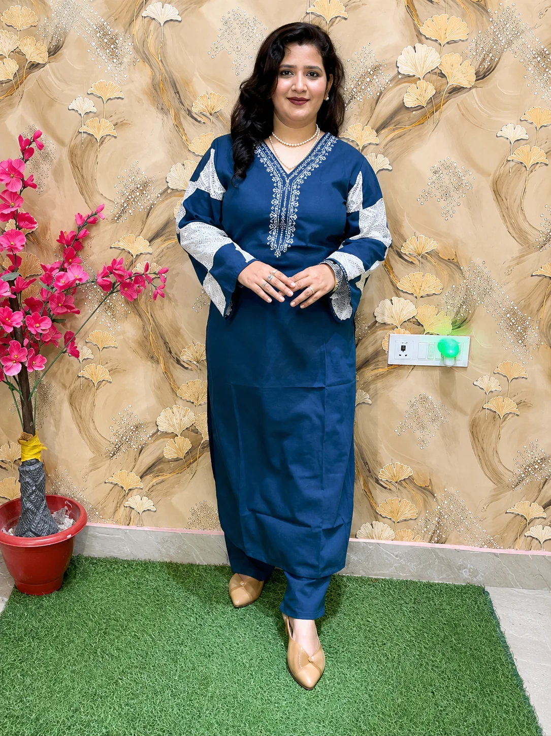 Women’s Cotton Flex 2-Piece Kurta Pant Set with Embroidered Neckline & Designer Sleeves 