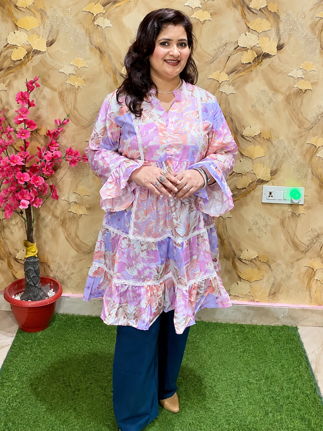 Women’s Cotton Linen Printed Topper with Lace Detailing | Stylish Casual Wear