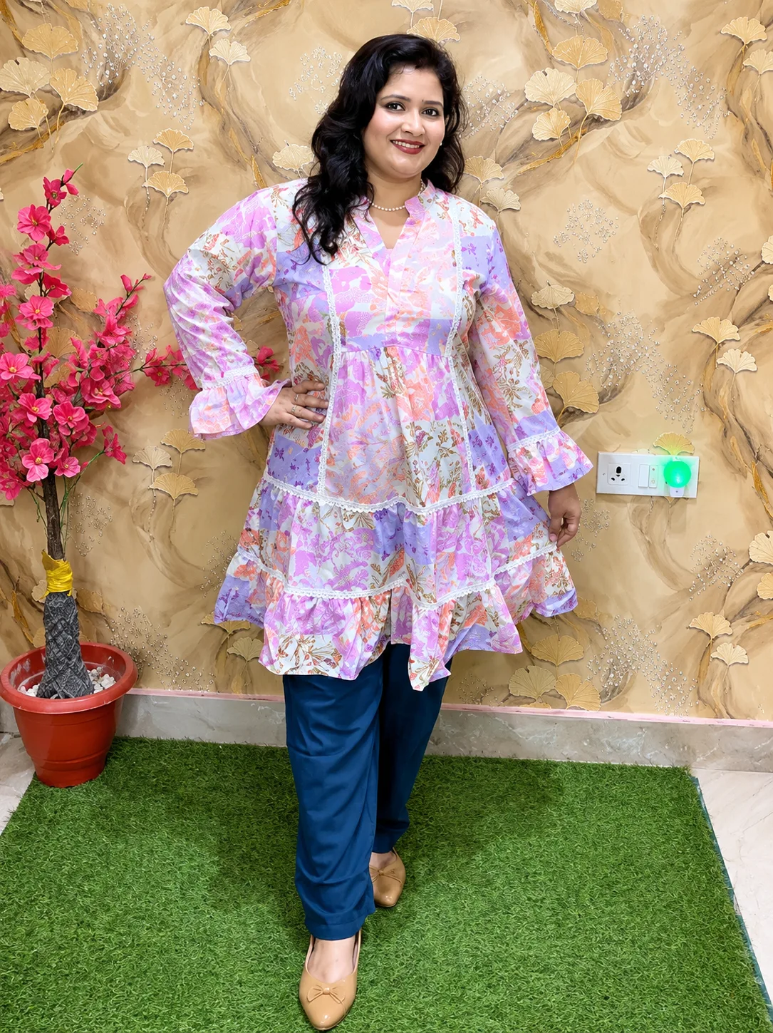 Women’s Cotton Linen Printed Topper with Lace Detailing | Stylish Casual Wear 