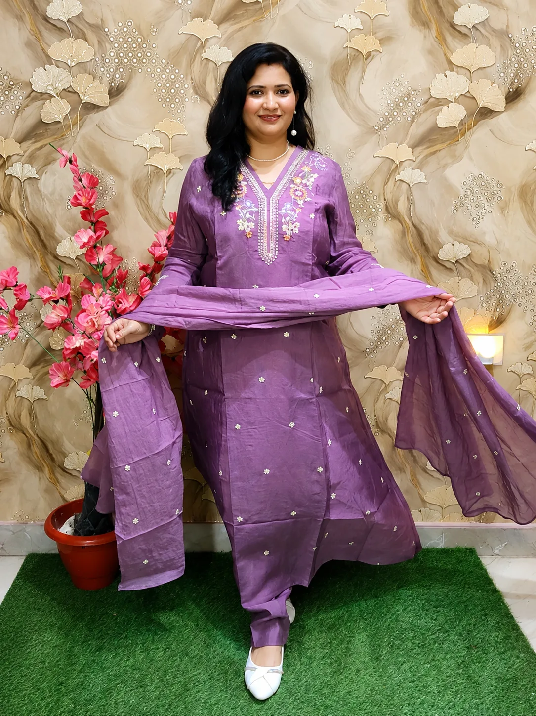 Women’s Silk 3-Piece Party Wear A-Line Suit Set with Beautiful Yoke Work 