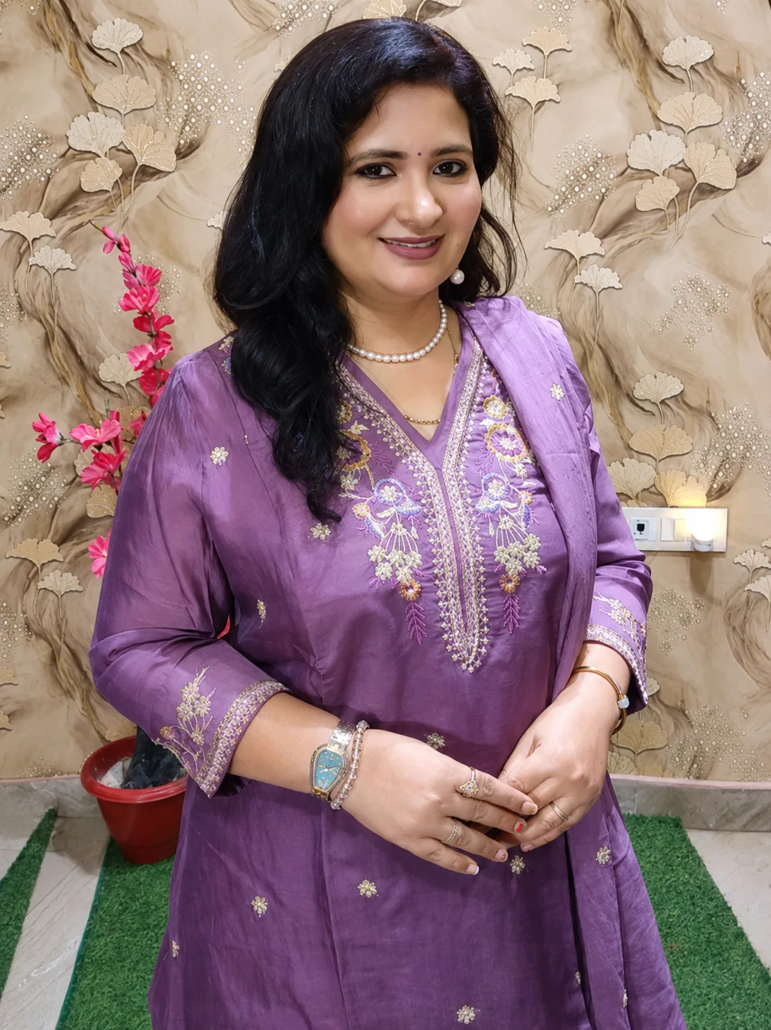 Women’s Silk 3-Piece Party Wear A-Line Suit Set with Beautiful Yoke Work 
