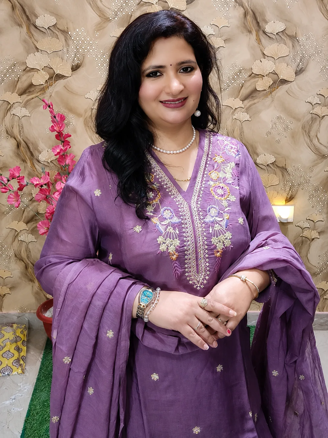 Women’s Silk 3-Piece Party Wear A-Line Suit Set with Beautiful Yoke Work