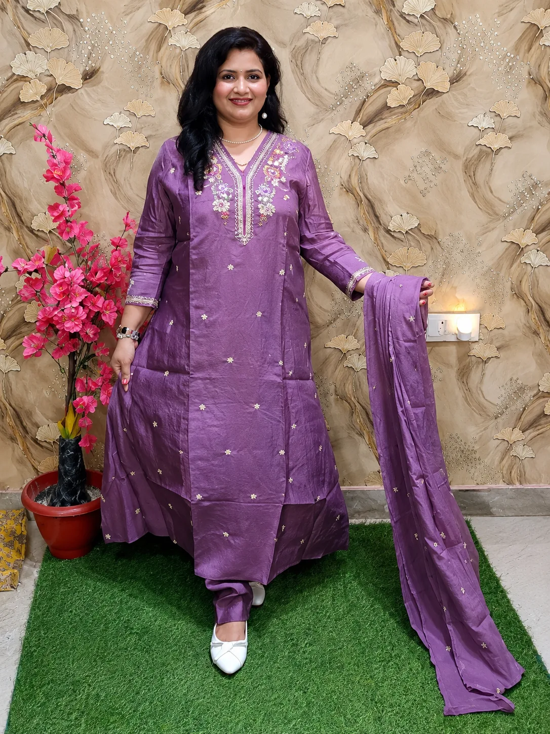 Women’s Silk 3-Piece Party Wear A-Line Suit Set with Beautiful Yoke Work 