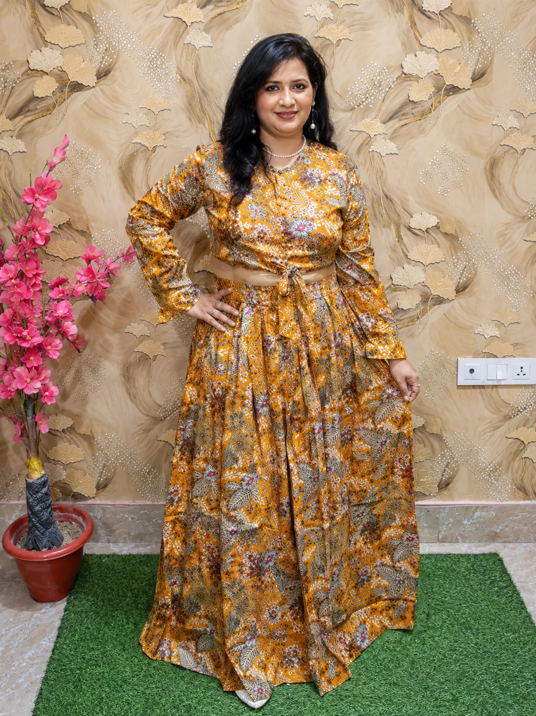 Women’s Mustard Yellow Rayon 2-Piece Top & Skirt Set | Floral Printed V-Neck Party Wear