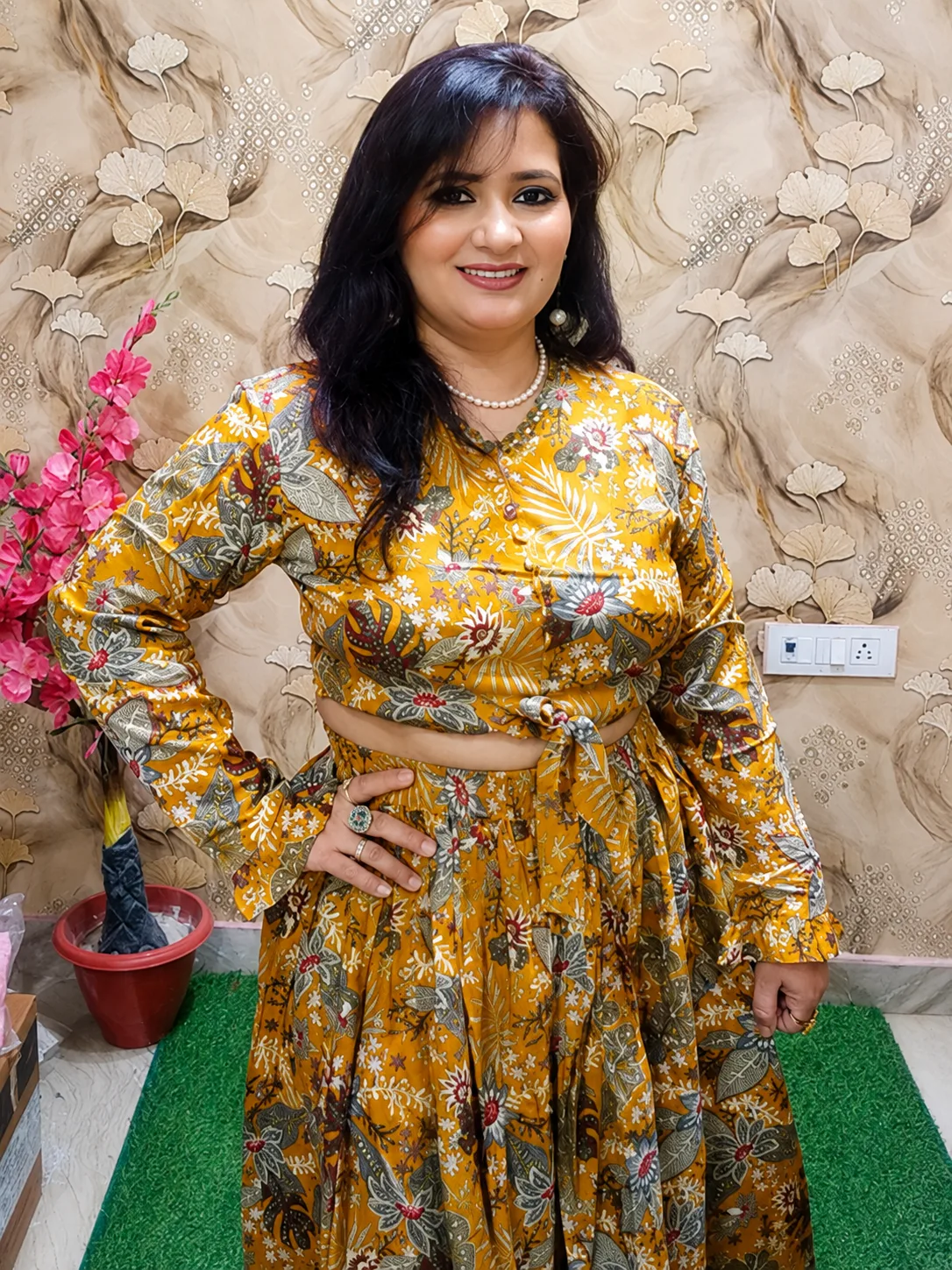 Women’s Mustard Yellow Rayon 2-Piece Top & Skirt Set | Floral Printed V-Neck Party Wear 