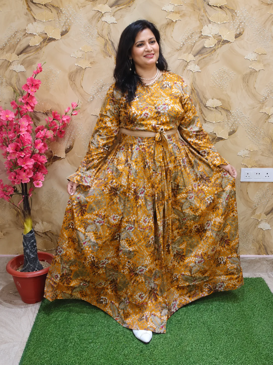 Women’s Mustard Yellow Rayon 2-Piece Top & Skirt Set | Floral Printed V-Neck Party Wear 