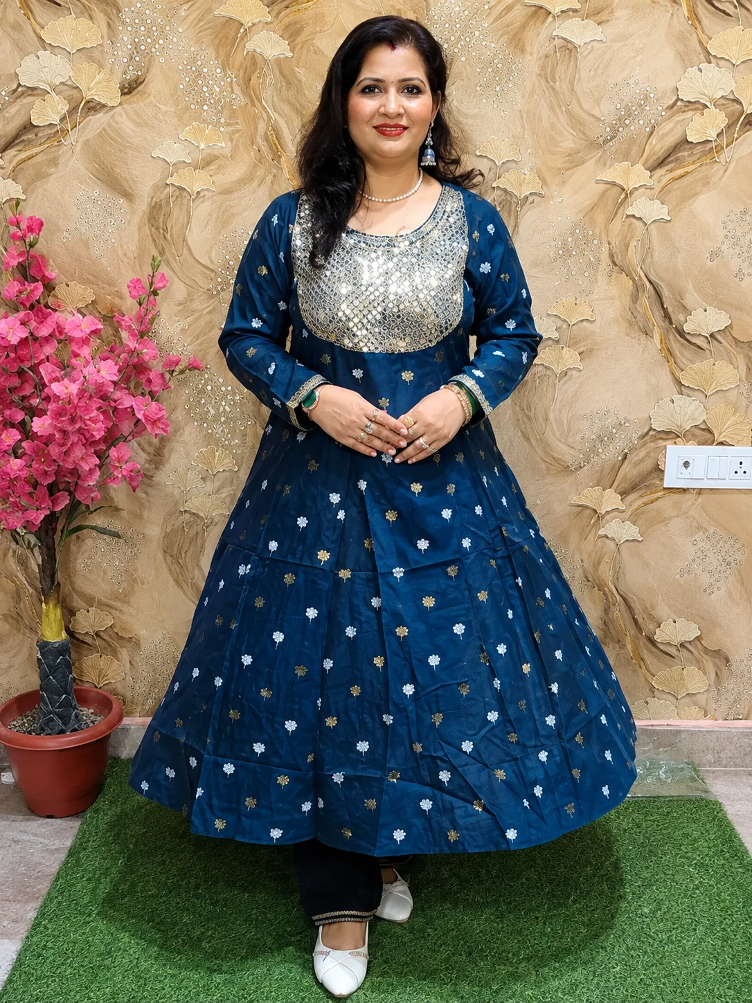 Women’s Navy Blue Silk Anarkali Kurti with Zari & Sequin Yoke Work