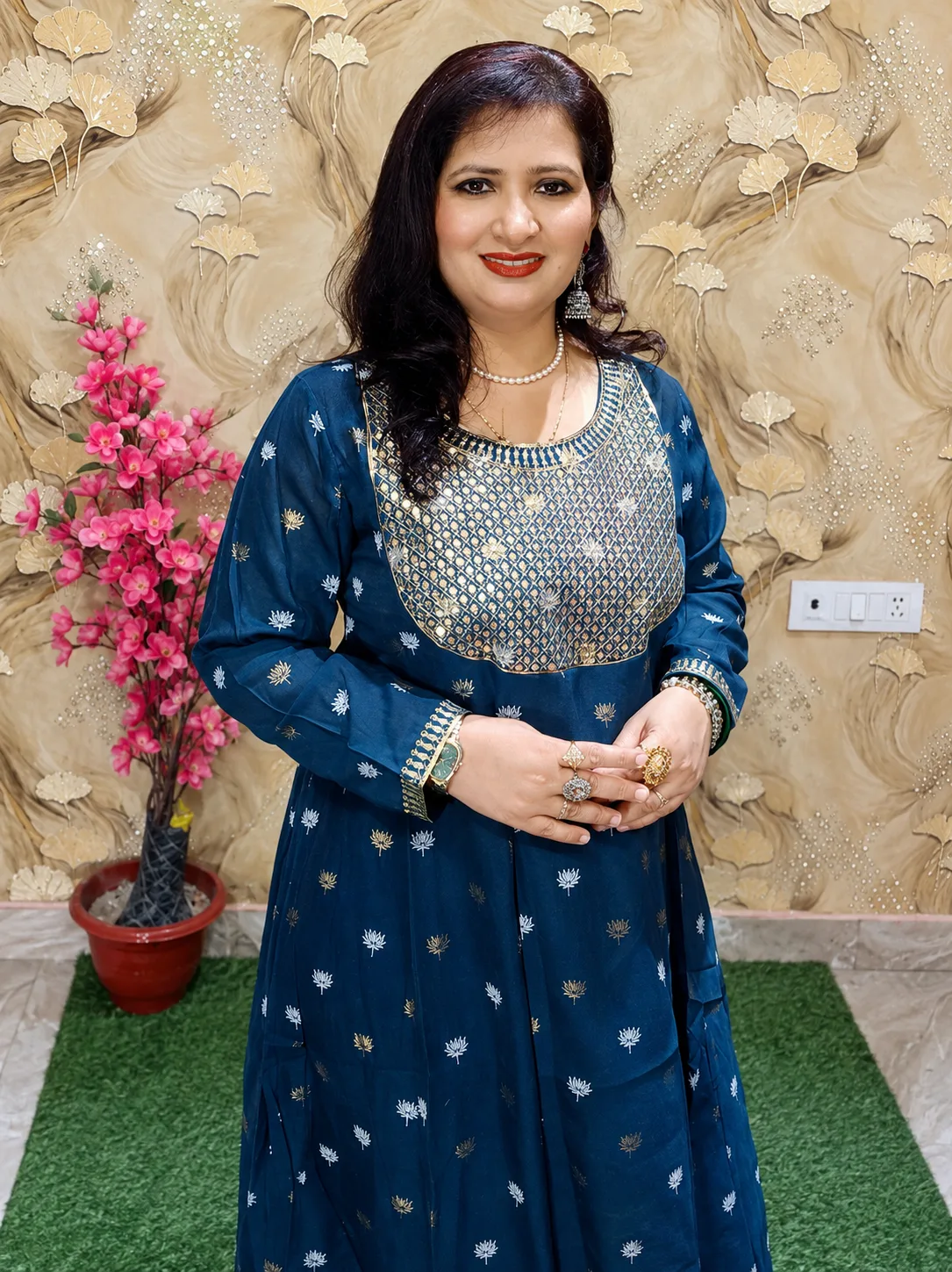 Women’s Navy Blue Silk Anarkali Kurti with Zari & Sequin Yoke Work 