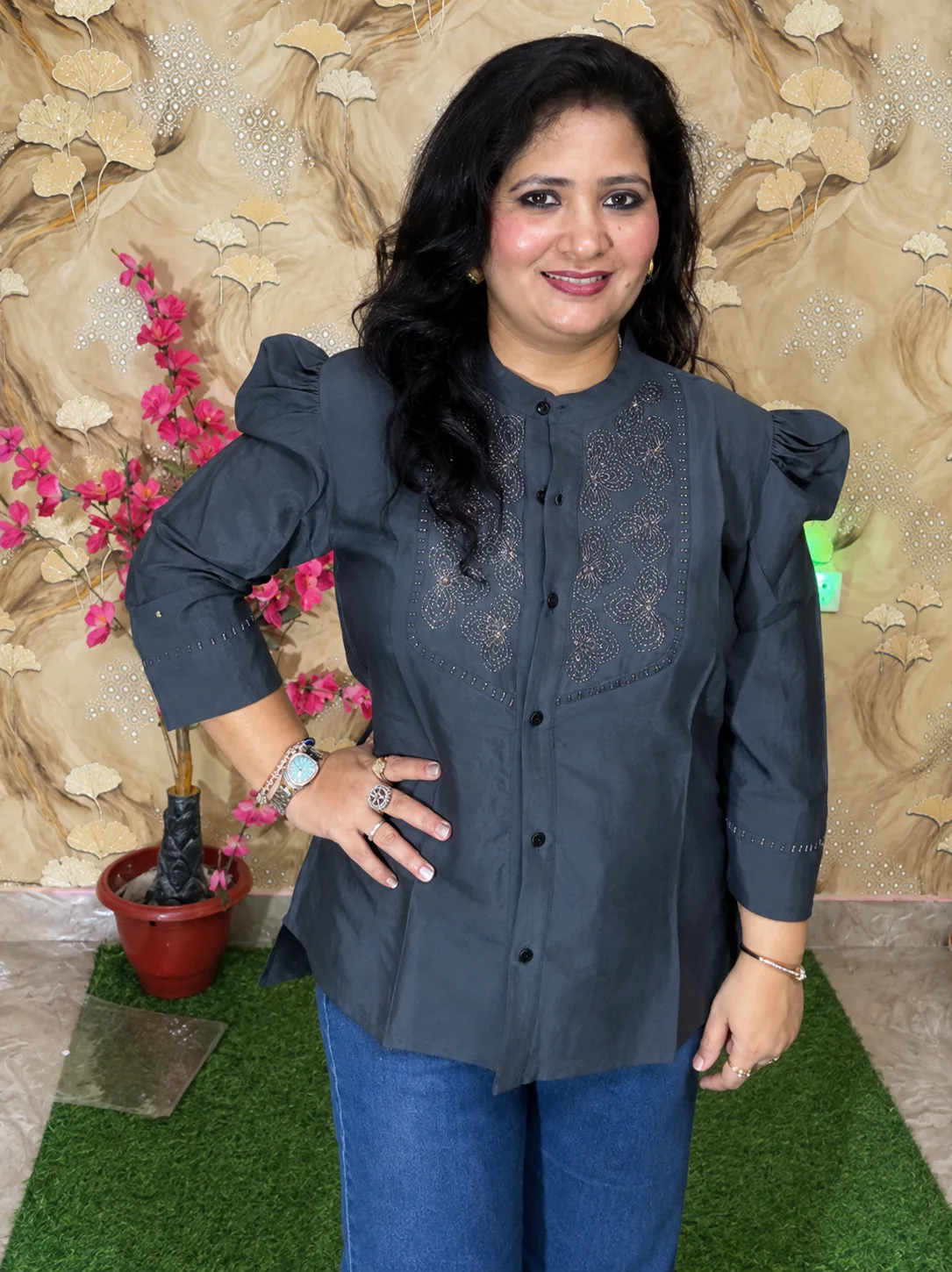 Women’s Party Wear Silk Top with Kundan Work Yoke & Puffy Sleeves 