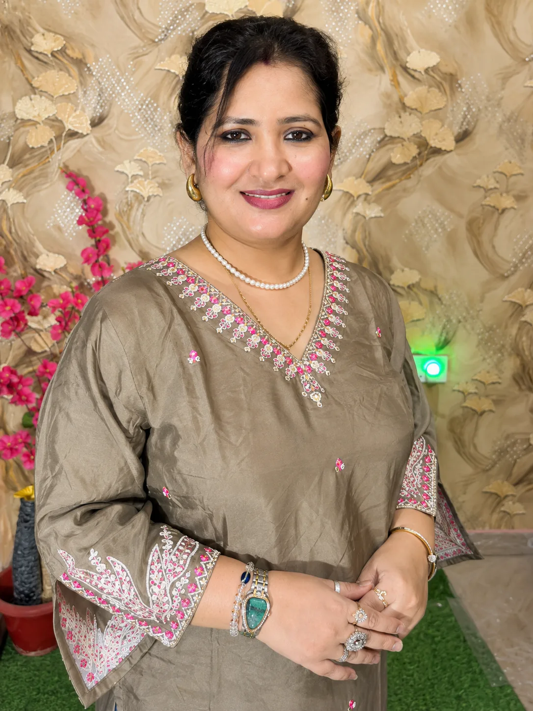 Women’s Silk Short Kurta with Cotton Lining & Embroidered V-Neck 