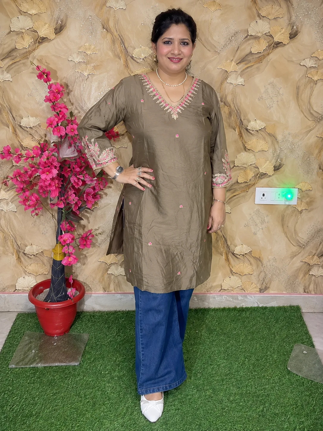 Women’s Silk Short Kurta with Cotton Lining & Embroidered V-Neck