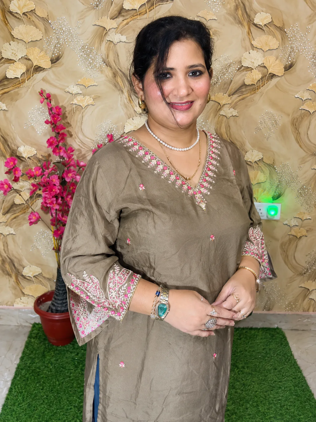 Women’s Silk Short Kurta with Cotton Lining & Embroidered V-Neck 