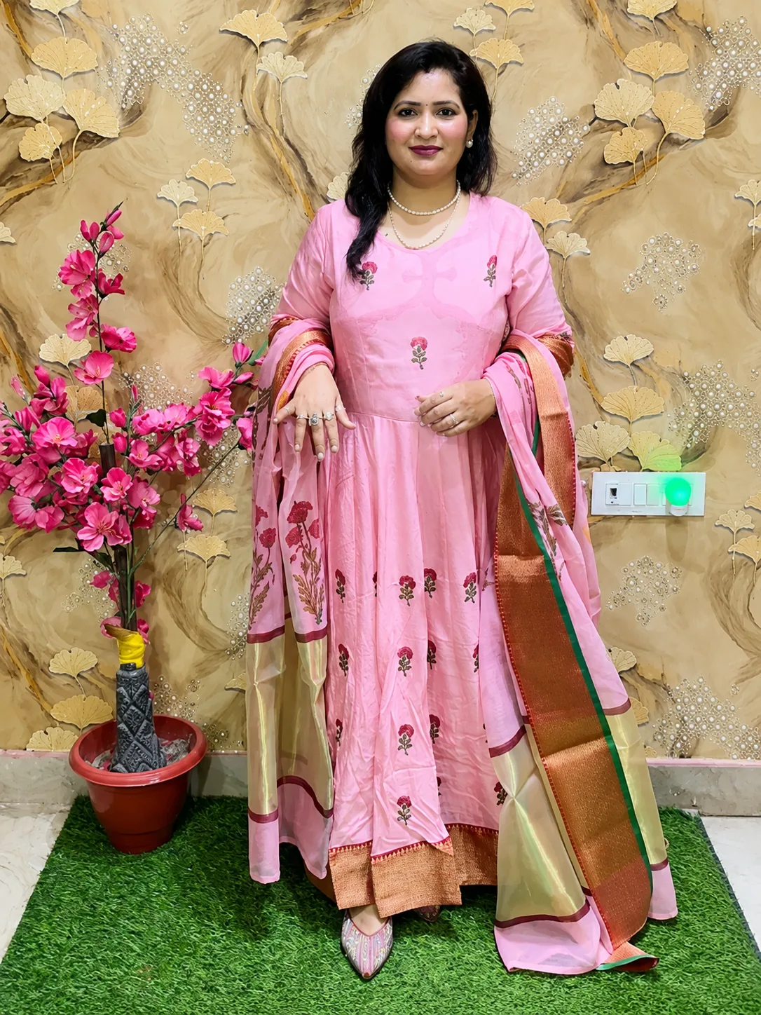 Women’s 3-Pcs Silk Anarkali Suit with Kota Doria & Tissue Shimmer Dupatta – Cotton Lining, Red Golden Border