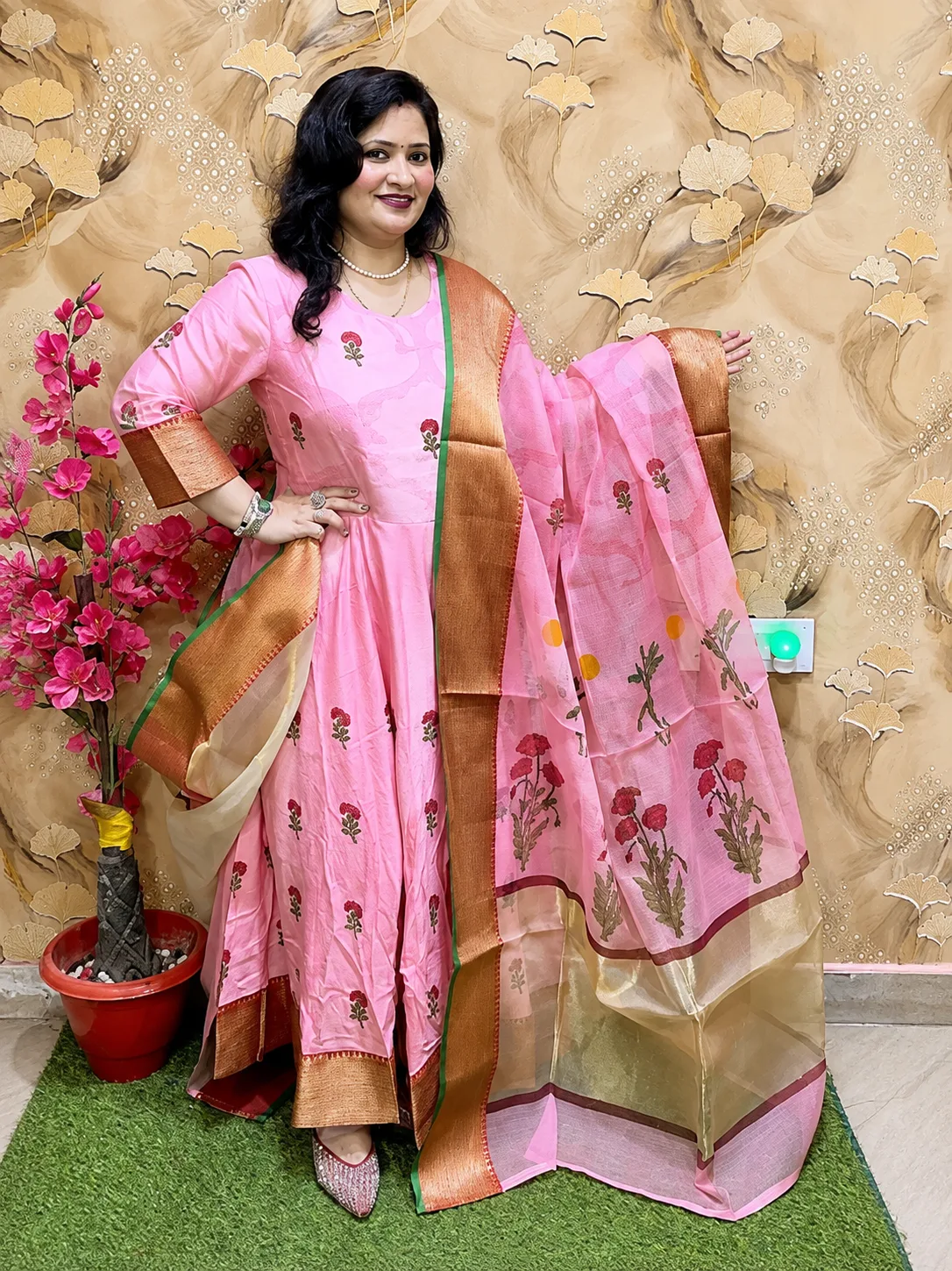Women’s 3-Pcs Silk Anarkali Suit with Kota Doria & Tissue Shimmer Dupatta – Cotton Lining, Red Golden Border 