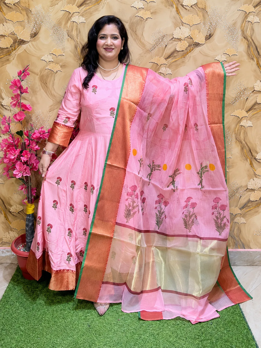 Women’s 3-Pcs Silk Anarkali Suit with Kota Doria & Tissue Shimmer Dupatta – Cotton Lining, Red Golden Border 