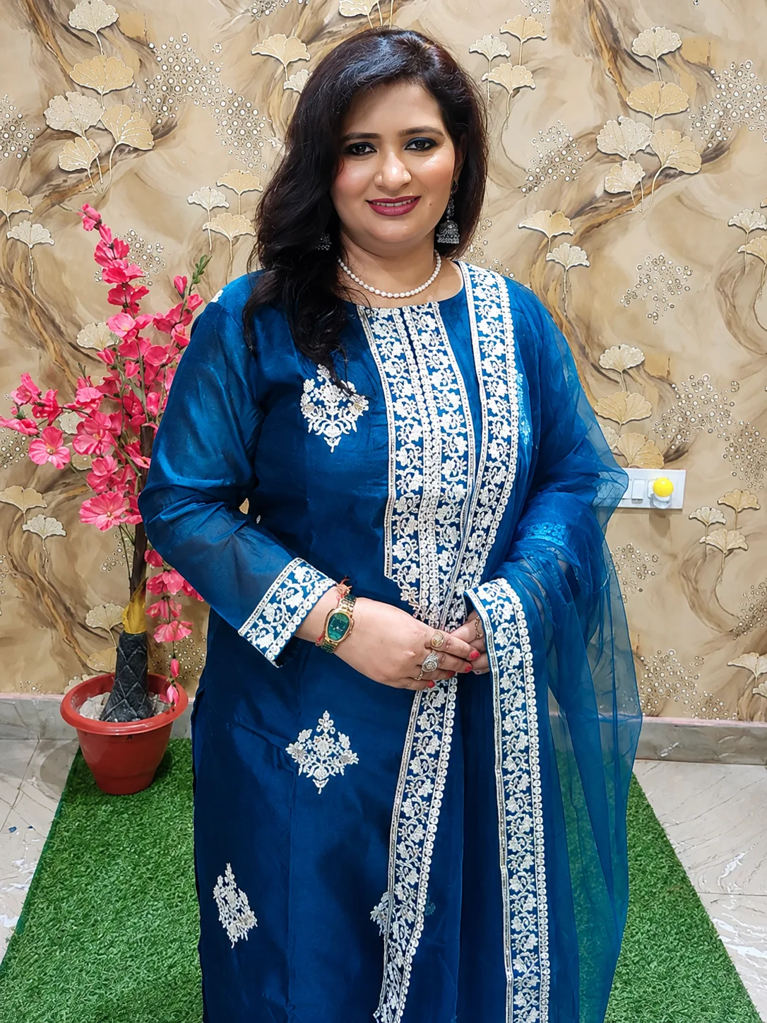 Women’s Teal Blue Silk Chanderi 3-Piece Party Wear Suit with Embroidery 