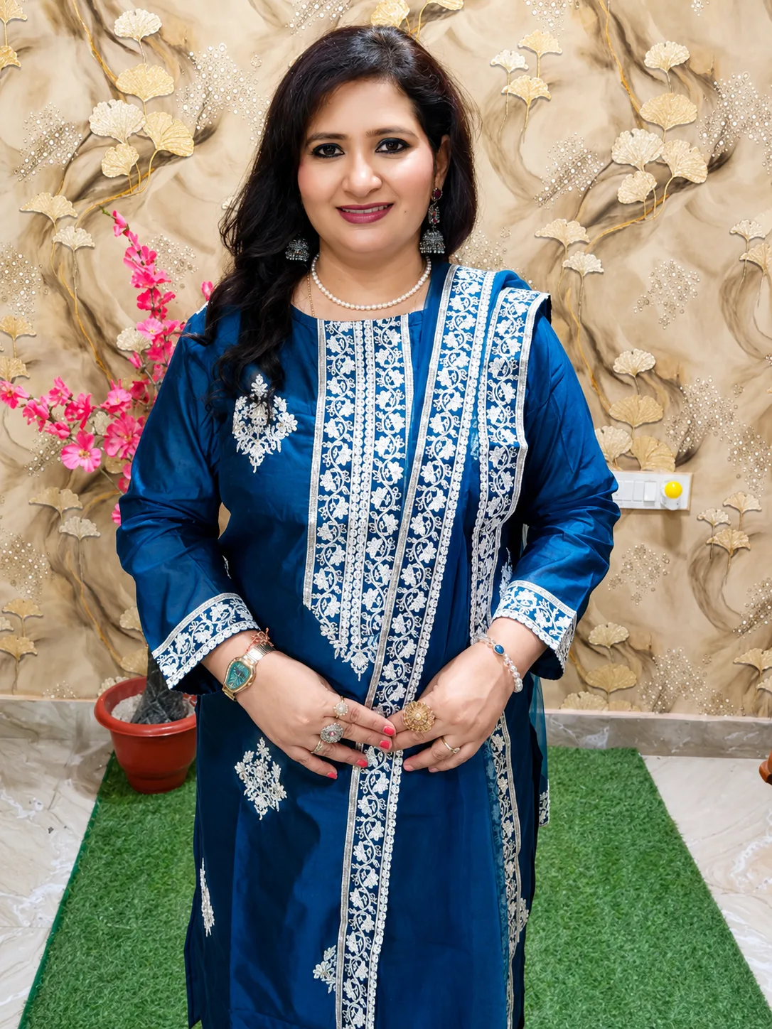 Women’s Teal Blue Silk Chanderi 3-Piece Party Wear Suit with Embroidery 