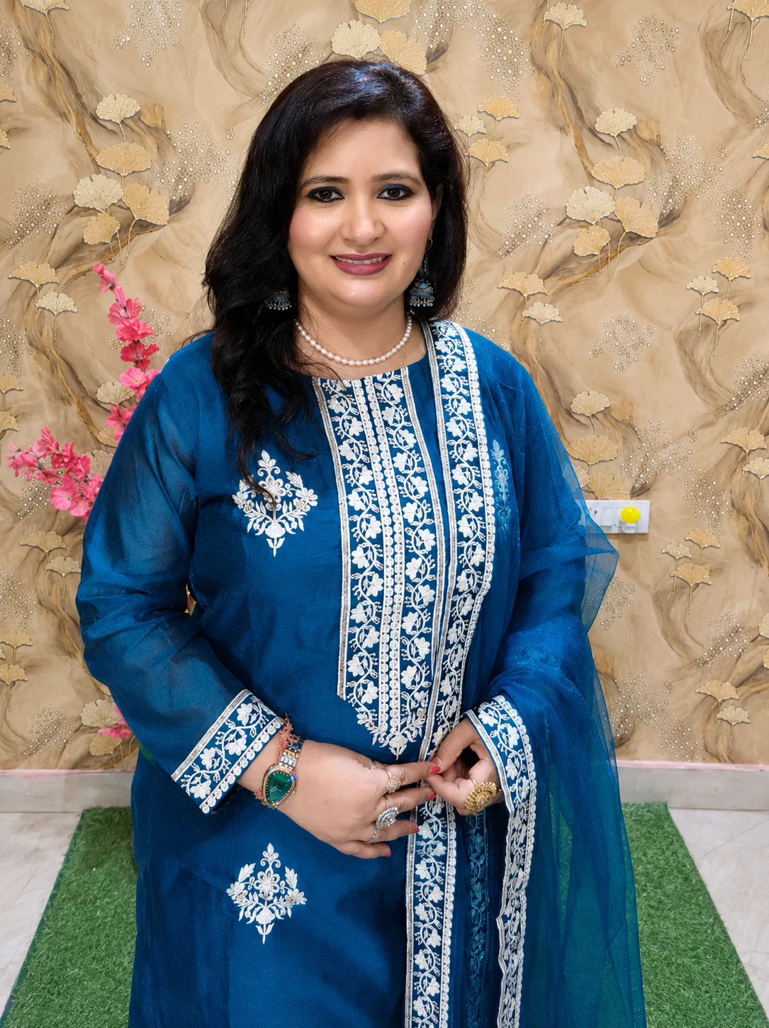 Women’s Teal Blue Silk Chanderi 3-Piece Party Wear Suit with Embroidery 