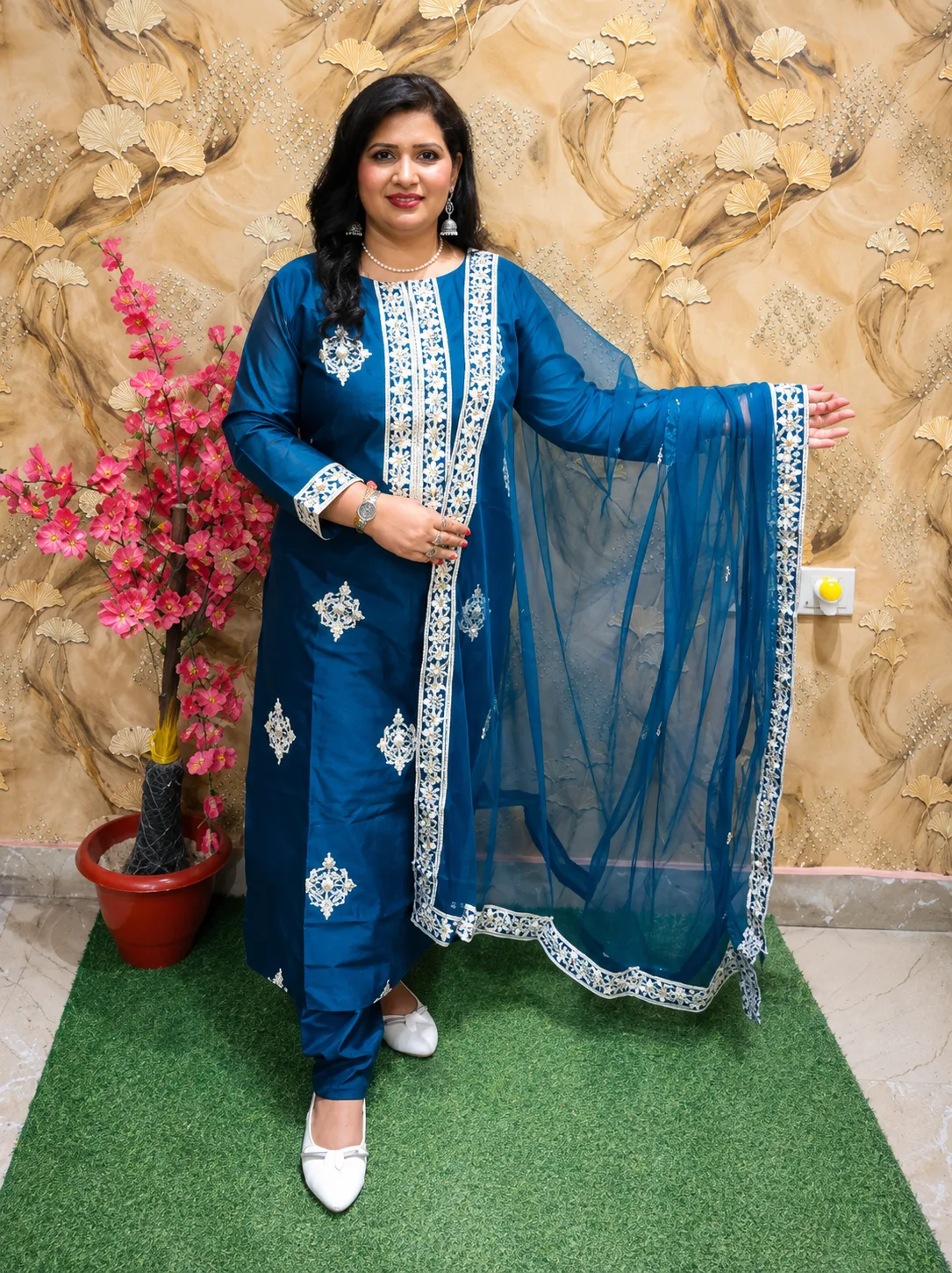 Women’s Teal Blue Silk Chanderi 3-Piece Party Wear Suit with Embroidery
