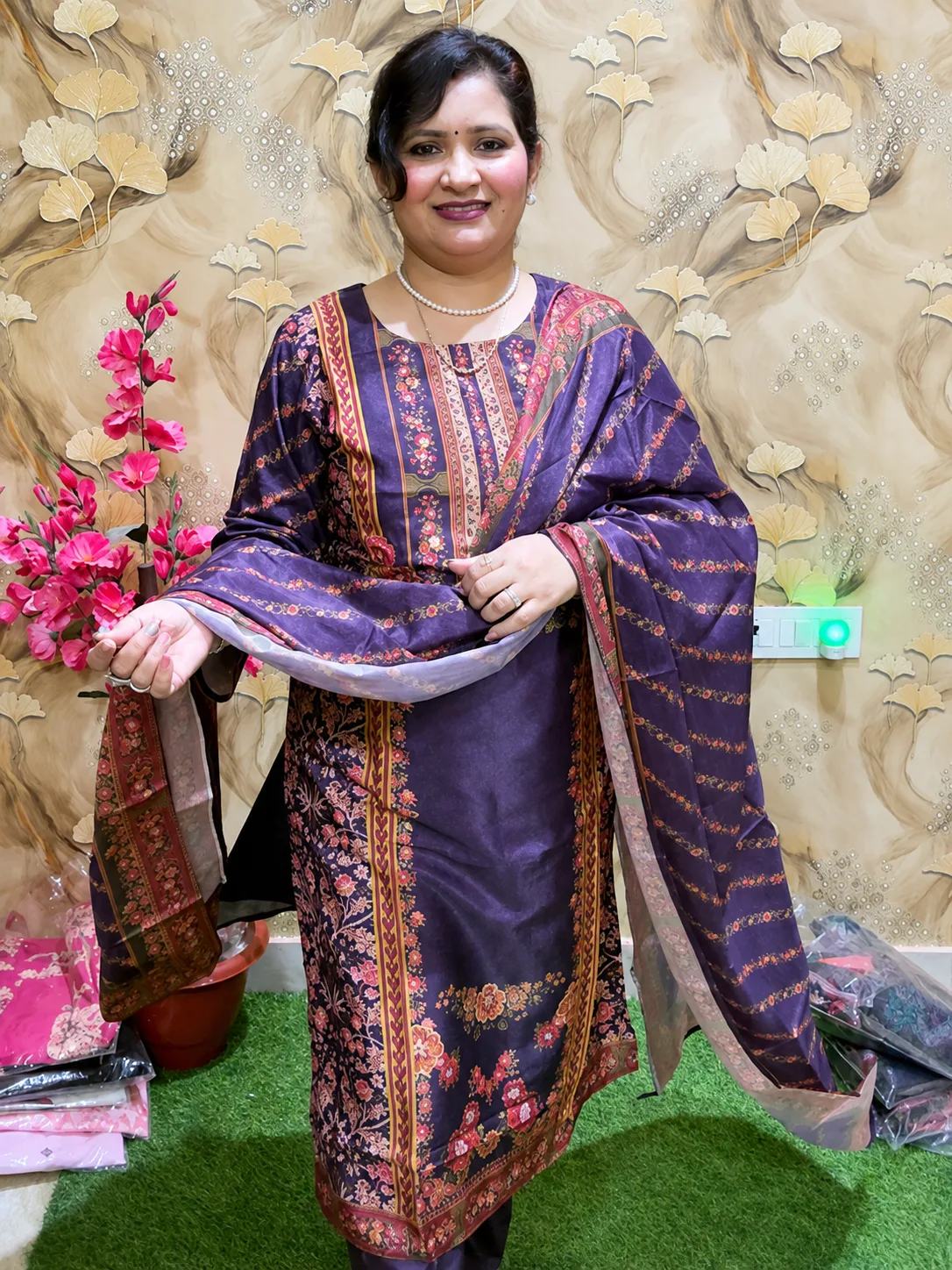Women’s Purple Silk 3-Piece Suit with Digital Print, Sequin & Katana Yoke Work 
