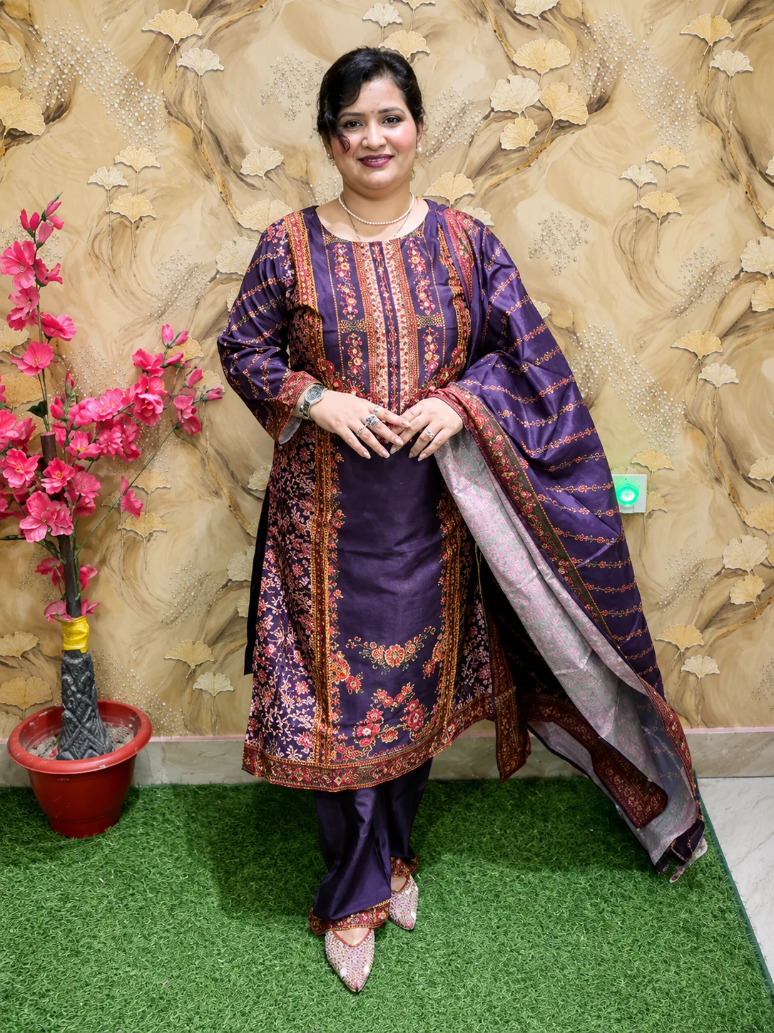 Women’s Purple Silk 3-Piece Suit with Digital Print, Sequin & Katana Yoke Work